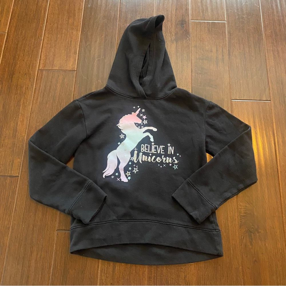 Black Unicorn Graphic Pullover Hoodie - Believe In Unicorns - Girls size 12